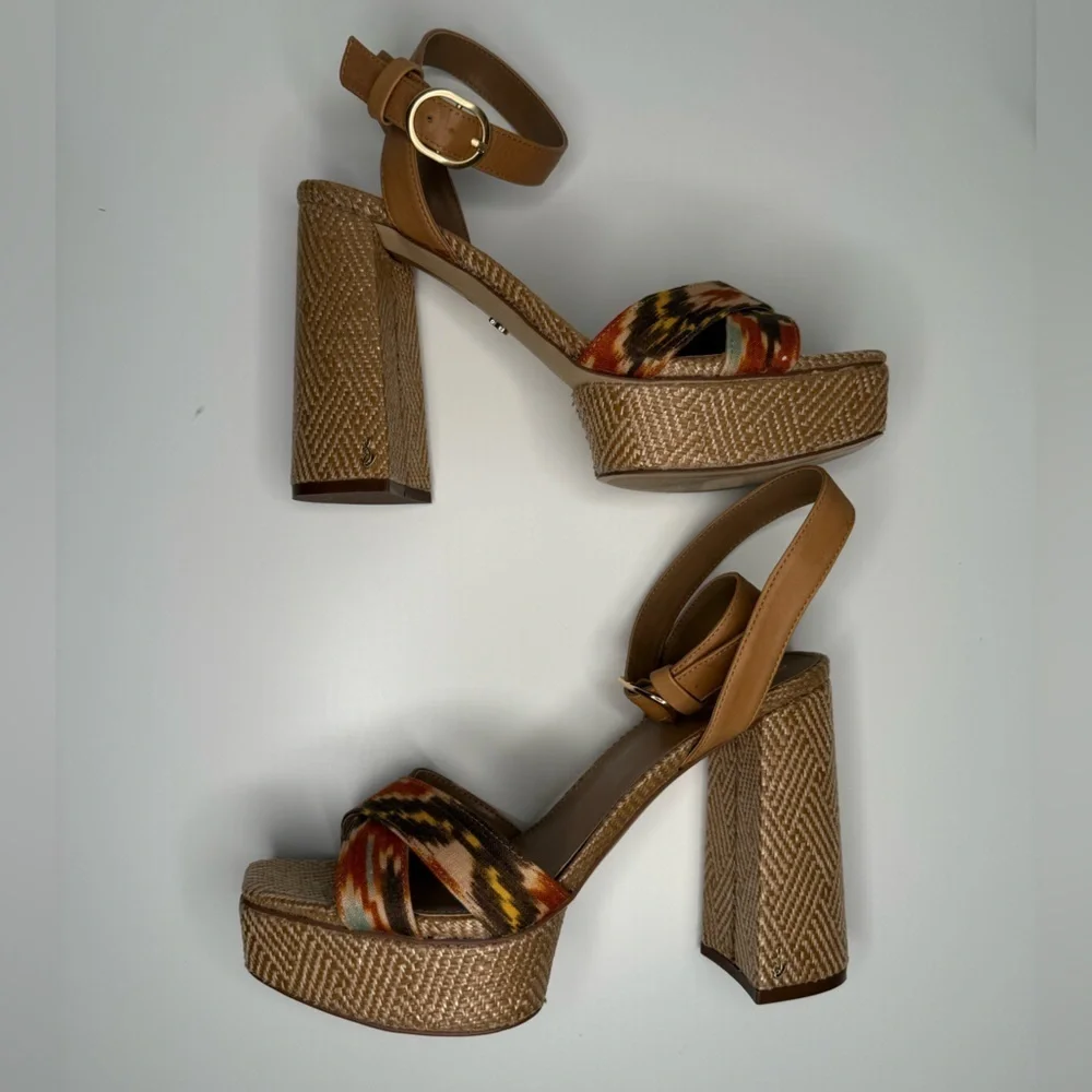 Sam Edelman Women's Nolita Raffia Platform Sandals Size 10.5M Leather Boho Print